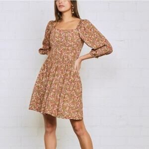 XS Rachel Pally Boho Brown Floral Peasant Dress, Square Neck, Smocked Bodice